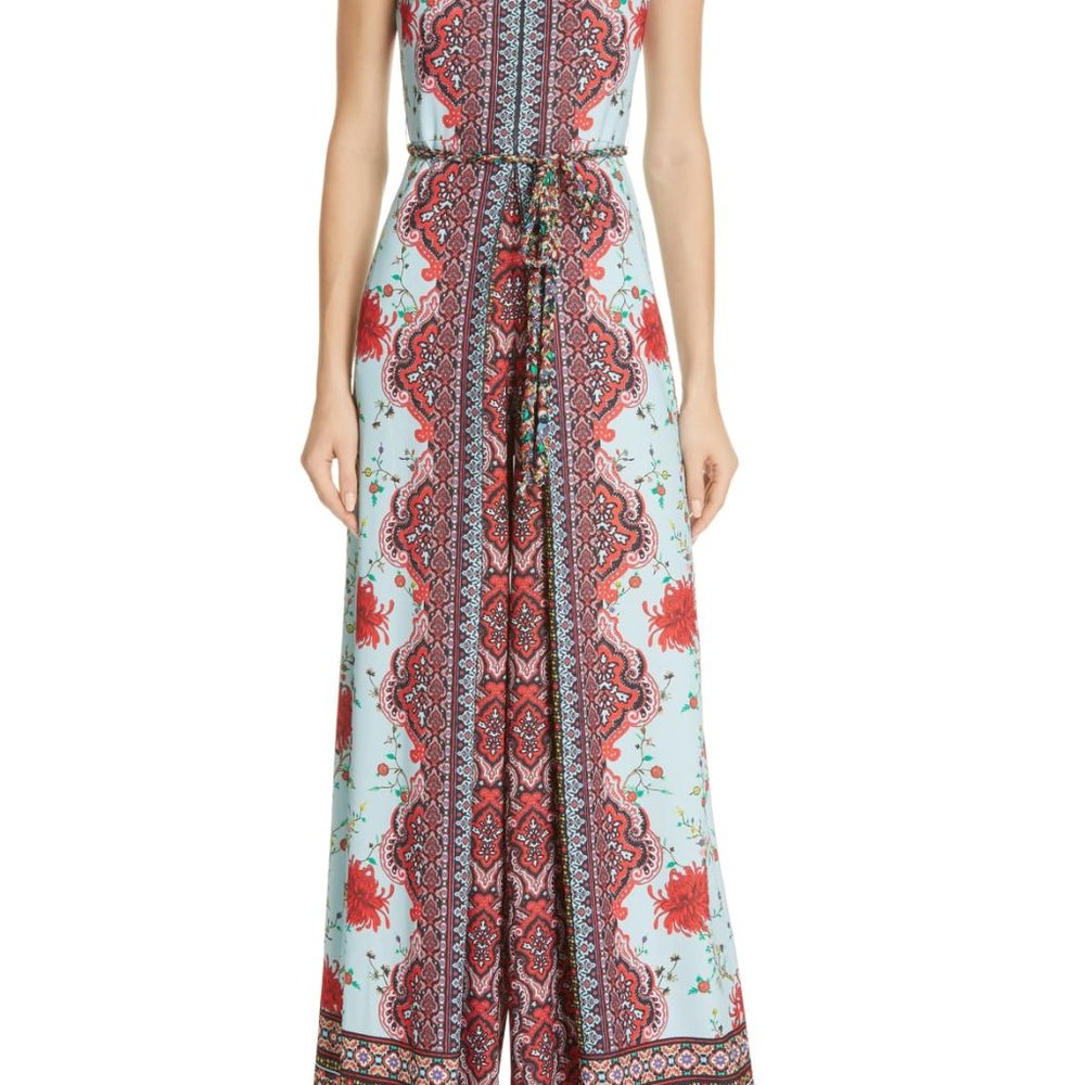 Alice +Olivia Audrie Pleat Floral Blue Jumpsuit. - Picture 5 of 10